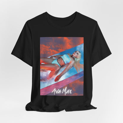 A black graphic t-shirt featuring a neon pop art style graphic of Ava Max, with bright, glowing colors.