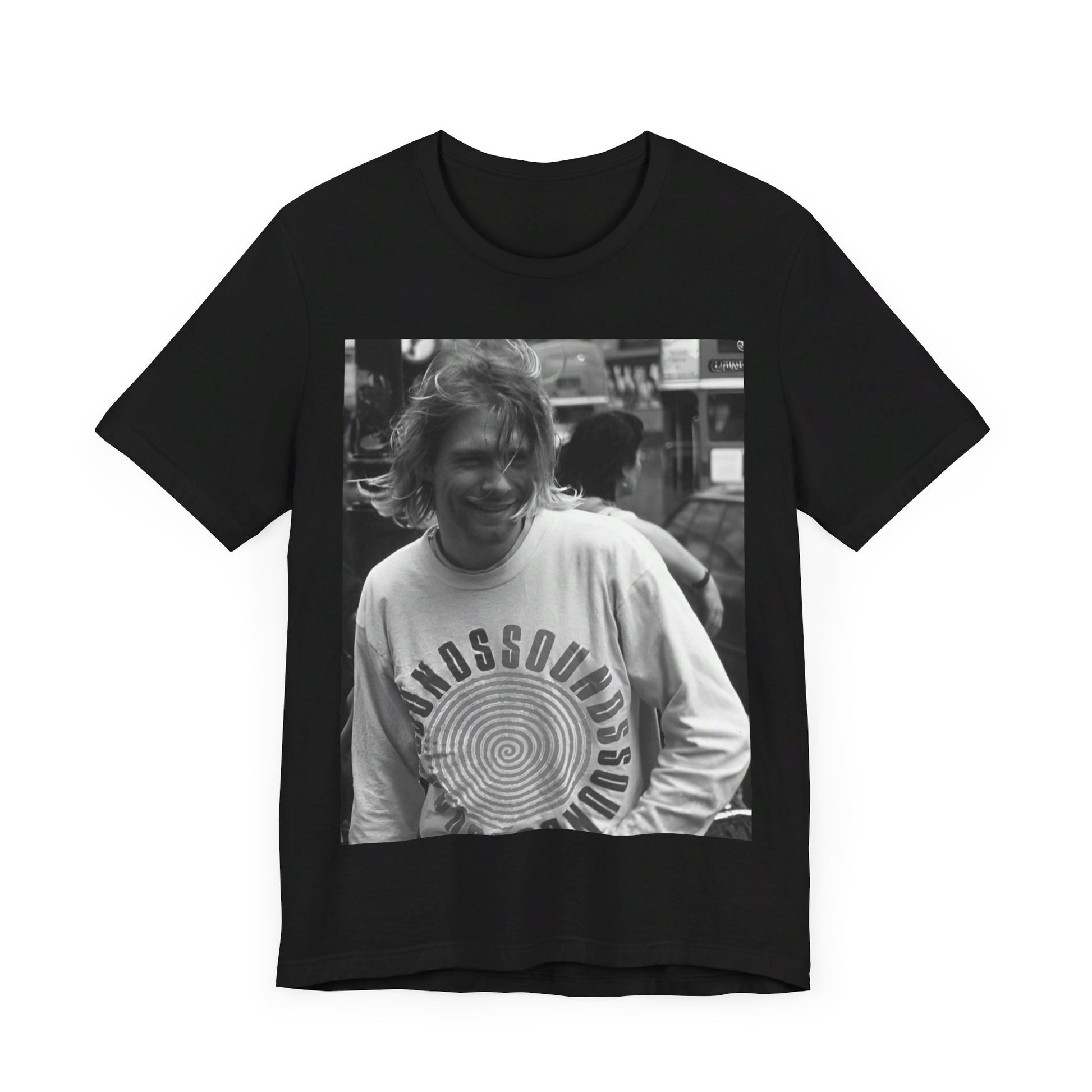 A black graphic t-shirt featuring a vintage rock legends graphic of Nirvana.