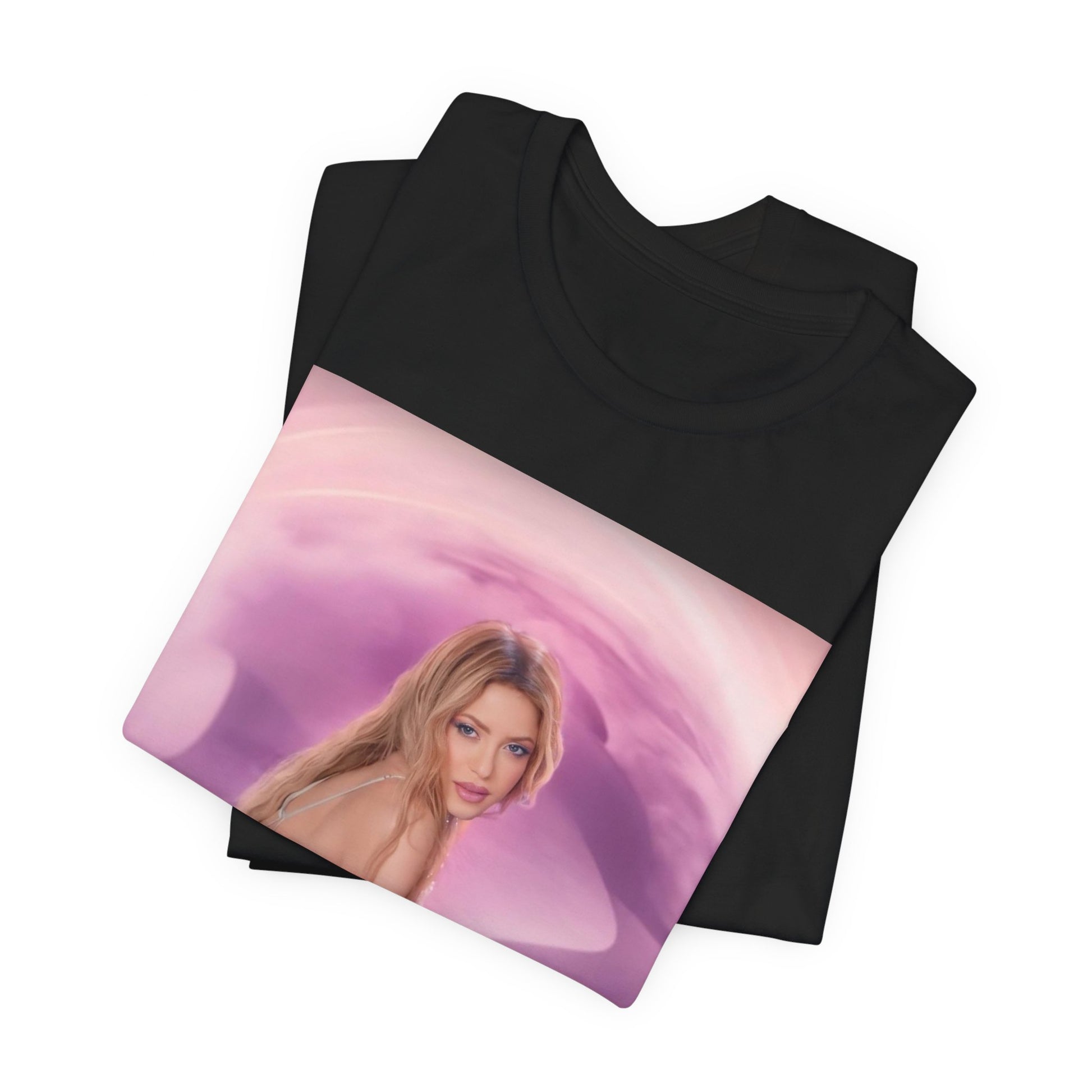 A black graphic t-shirt featuring a graphic related to Shakira's 'Waka Waka' World Cup era.
