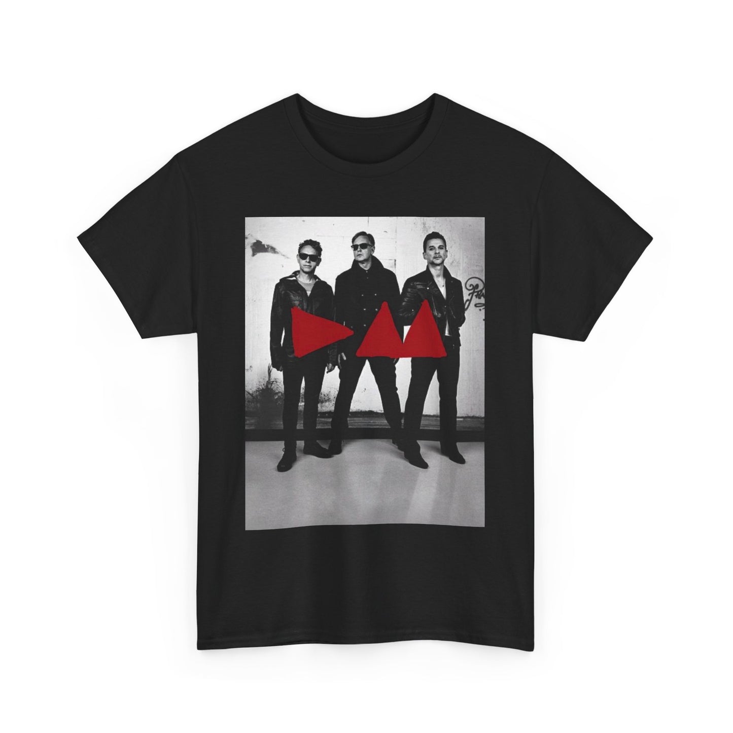 A black graphic t-shirt featuring a photo portrait of the synth-pop band Depeche Mode.