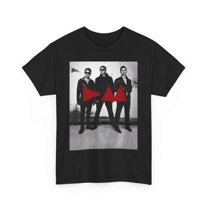 A black graphic t-shirt featuring a photo portrait of the synth-pop band Depeche Mode.