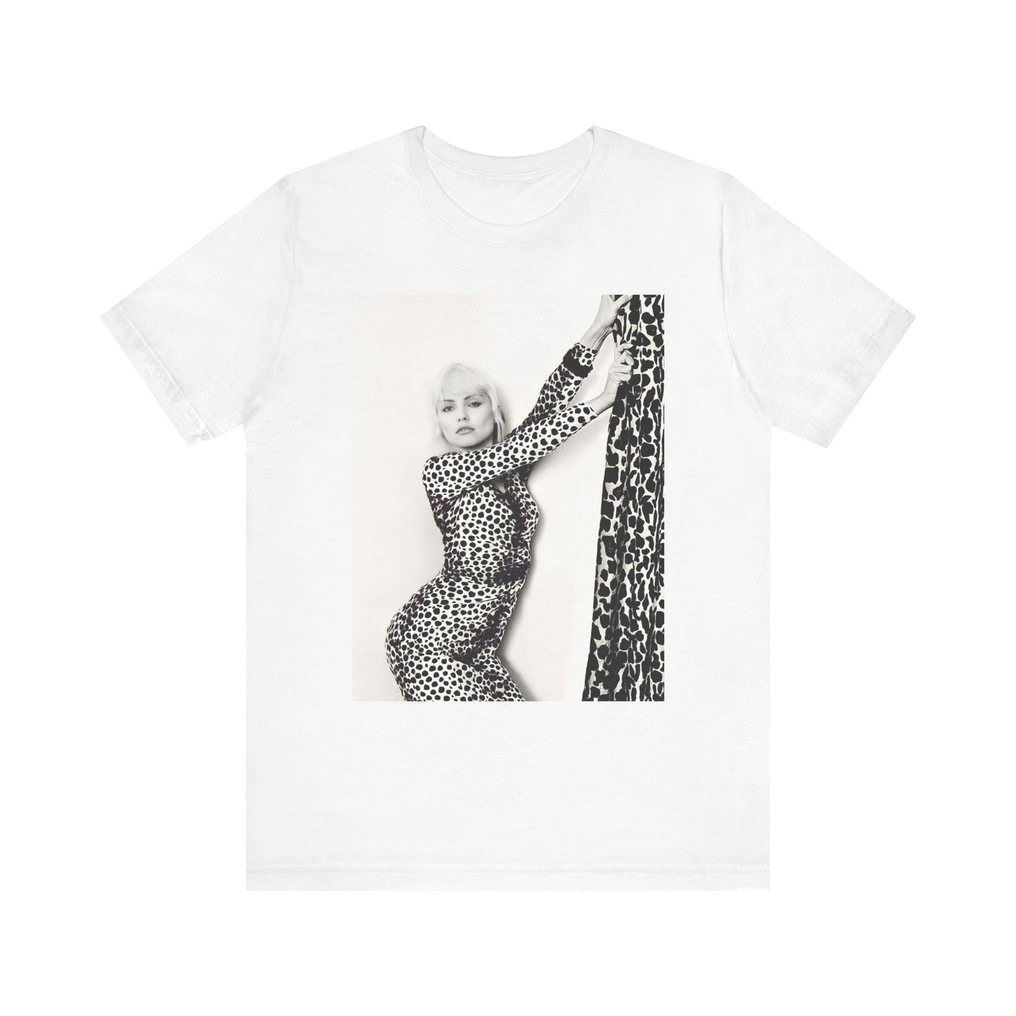 A black graphic t-shirt featuring a black and white, wild-style graphic of Blondie, emphasizing their untamed spirit.