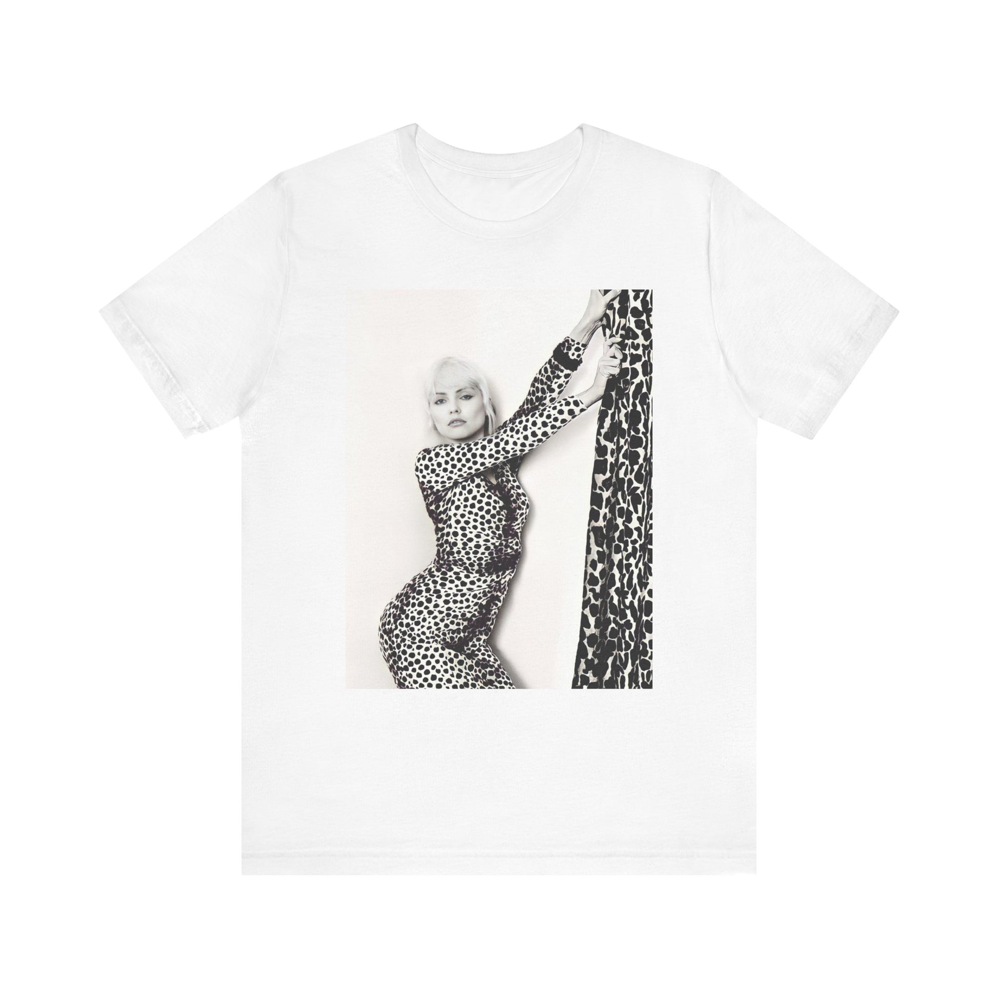 A black graphic t-shirt featuring a black and white, wild-style graphic of Blondie, emphasizing their untamed spirit.