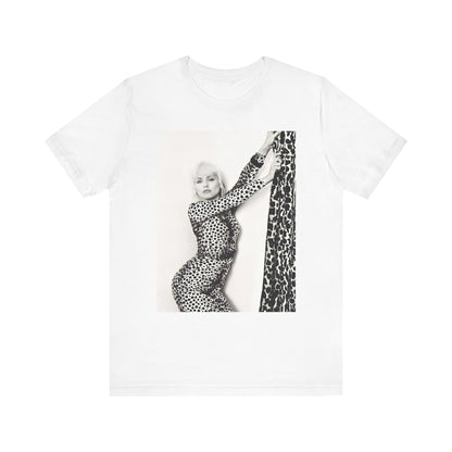 A black graphic t-shirt featuring a black and white, wild-style graphic of Blondie, emphasizing their untamed spirit.