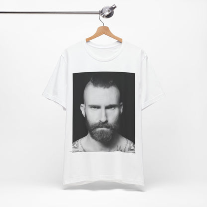 A sharp, polished studio portrait of Maroon 5 frontman Adam Levine, printed on a graphic t-shirt.