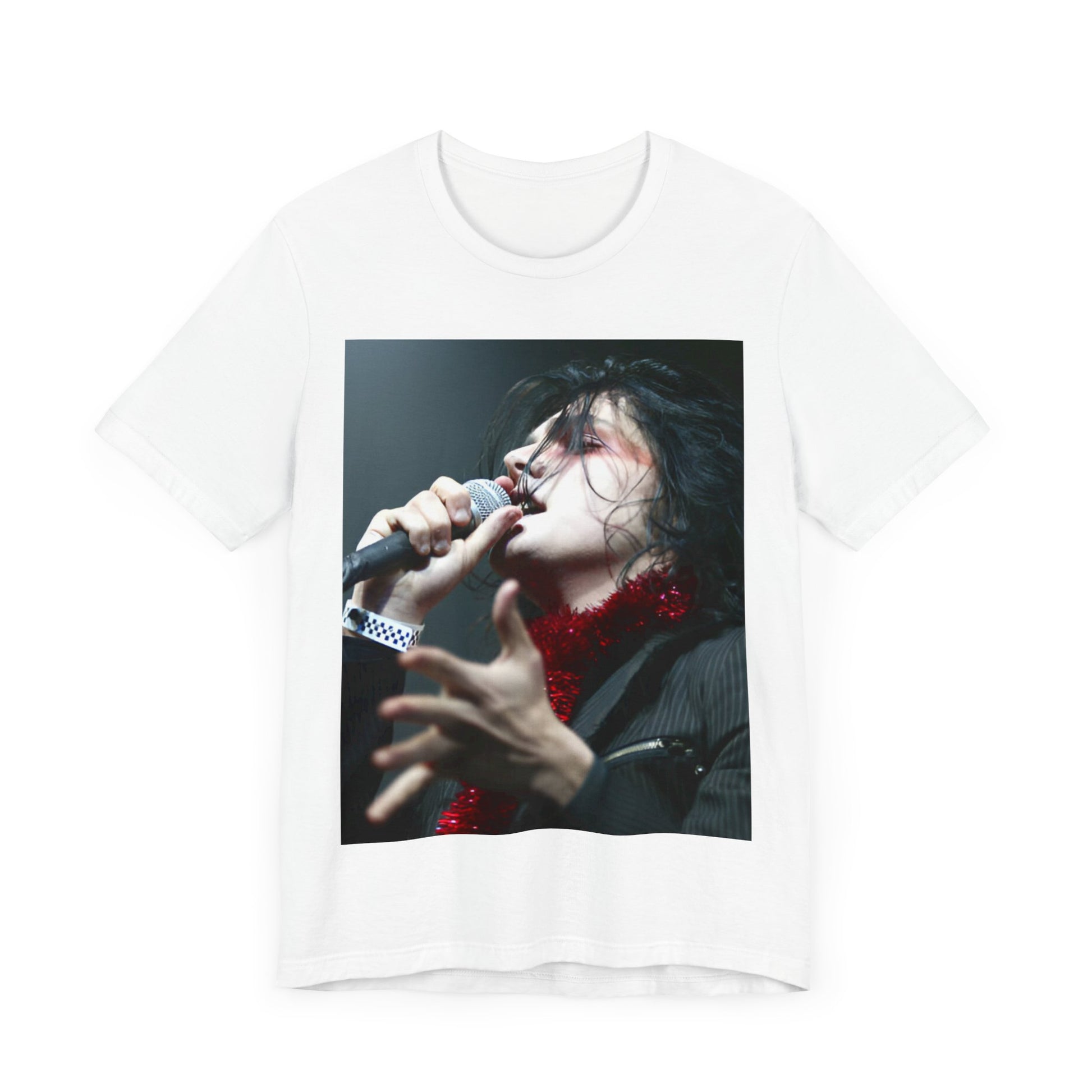A black graphic t-shirt featuring an emo graphic of Gerard Way from My Chemical Romance.