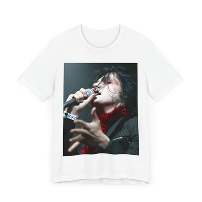A black graphic t-shirt featuring an emo graphic of Gerard Way from My Chemical Romance.