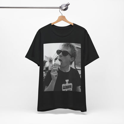 A black graphic t-shirt featuring a graphic of Thom Yorke from Radiohead with an ice cream cone.