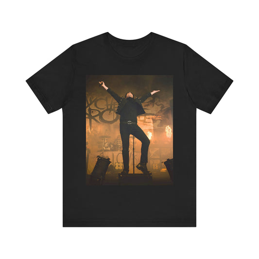 A black graphic t-shirt featuring an on-stage merch graphic of My Chemical Romance.