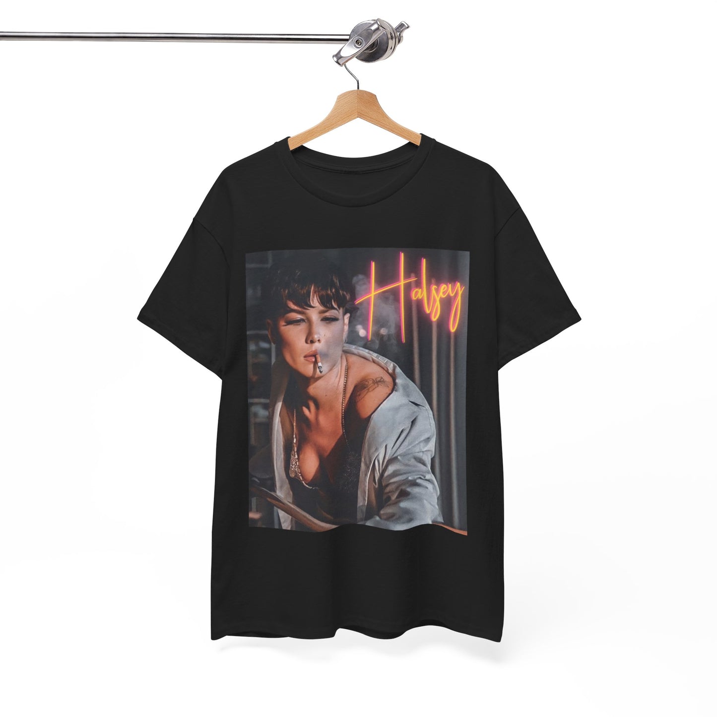 A black graphic t-shirt featuring a vintage graphic related to Halsey's 'Manic' album era.
