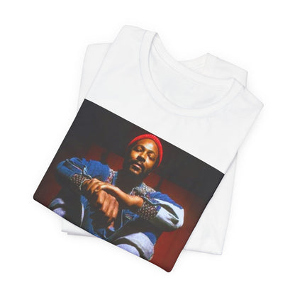 A black graphic t-shirt featuring a graphic of Marvin Gaye as the King of Motown soul legend.
