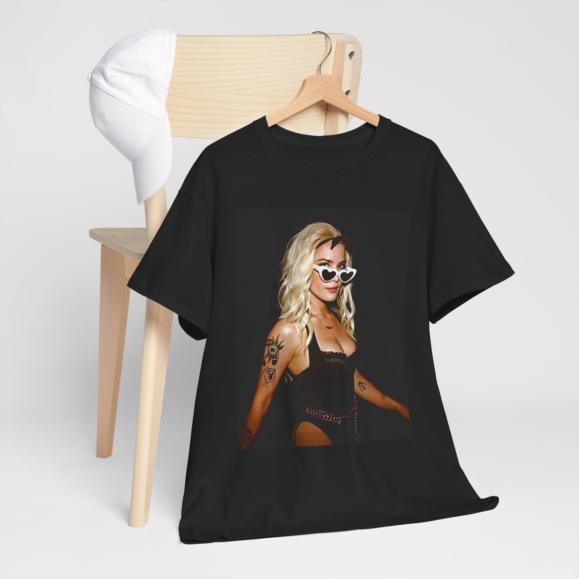 A black graphic t-shirt featuring a stylized graphic of Halsey as a modern pop icon.