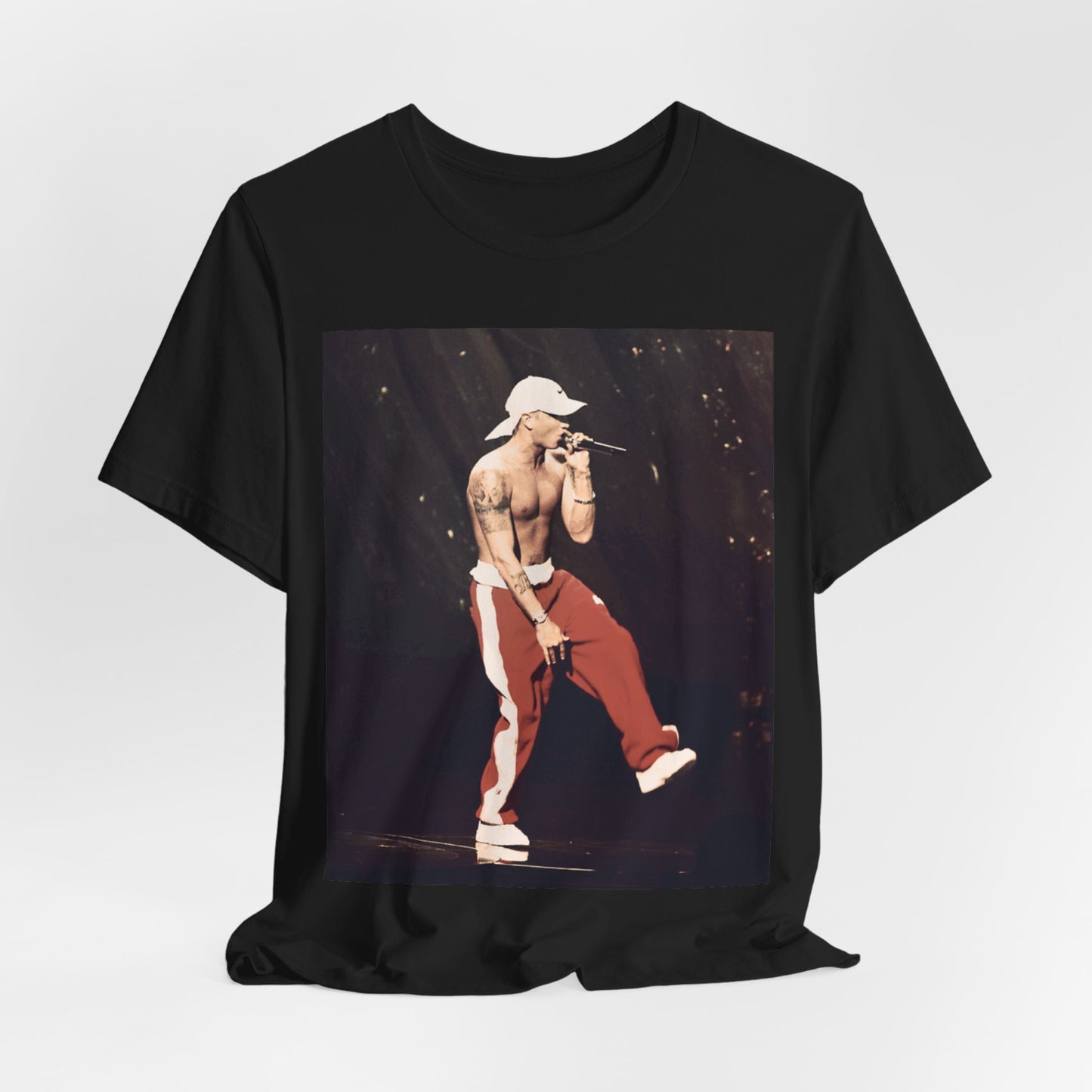 A black graphic t-shirt featuring a graphic inspired by Eminem's film '8 Mile'.