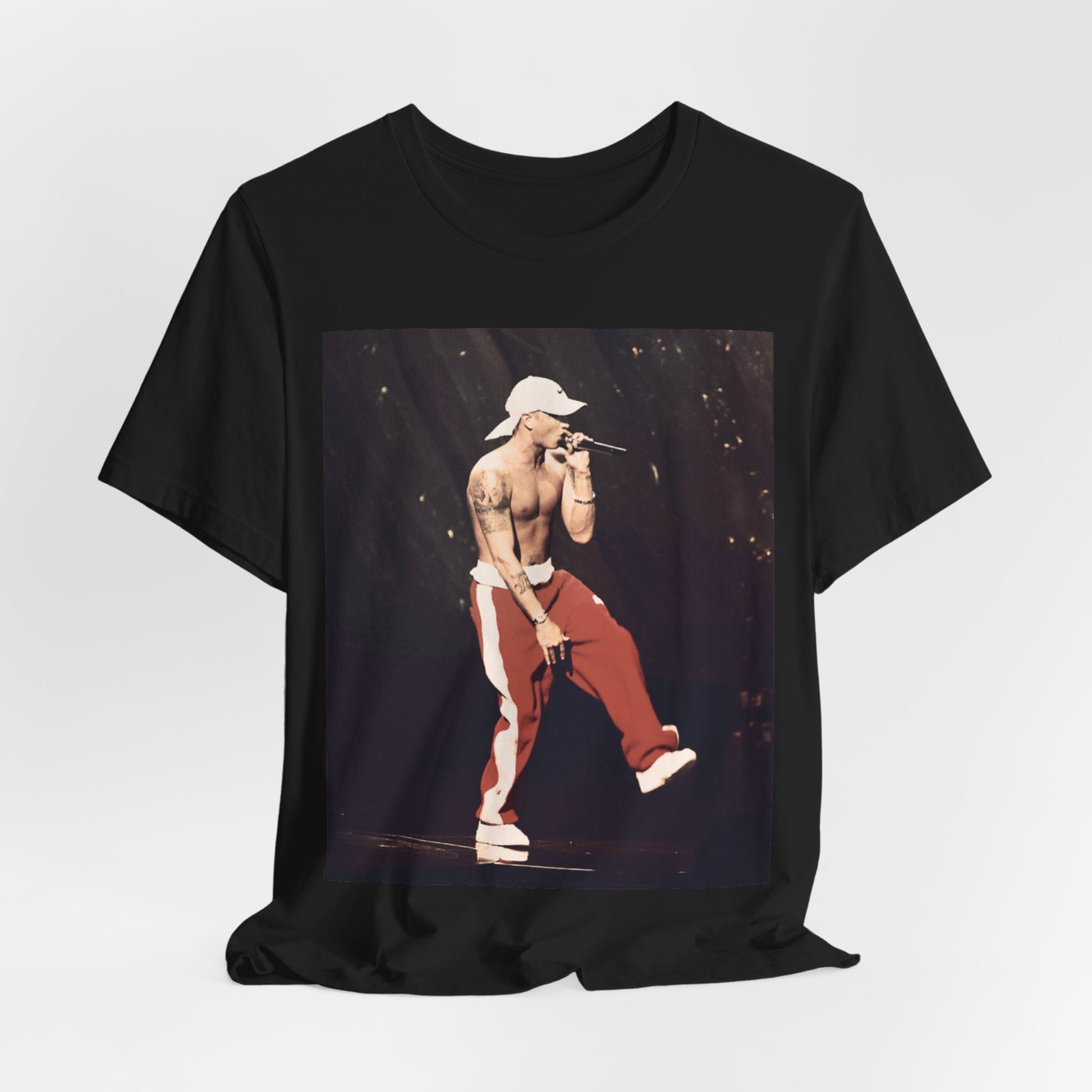 A black graphic t-shirt featuring a graphic inspired by Eminem's film '8 Mile'.