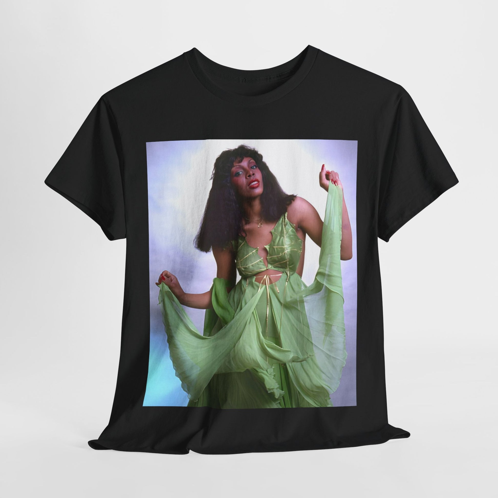 A black graphic t-shirt featuring an 80s pop icon aesthetic graphic of Donna Summer.