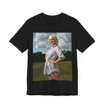 A black graphic t-shirt featuring a bold graphic of Sia as a pop superstar.