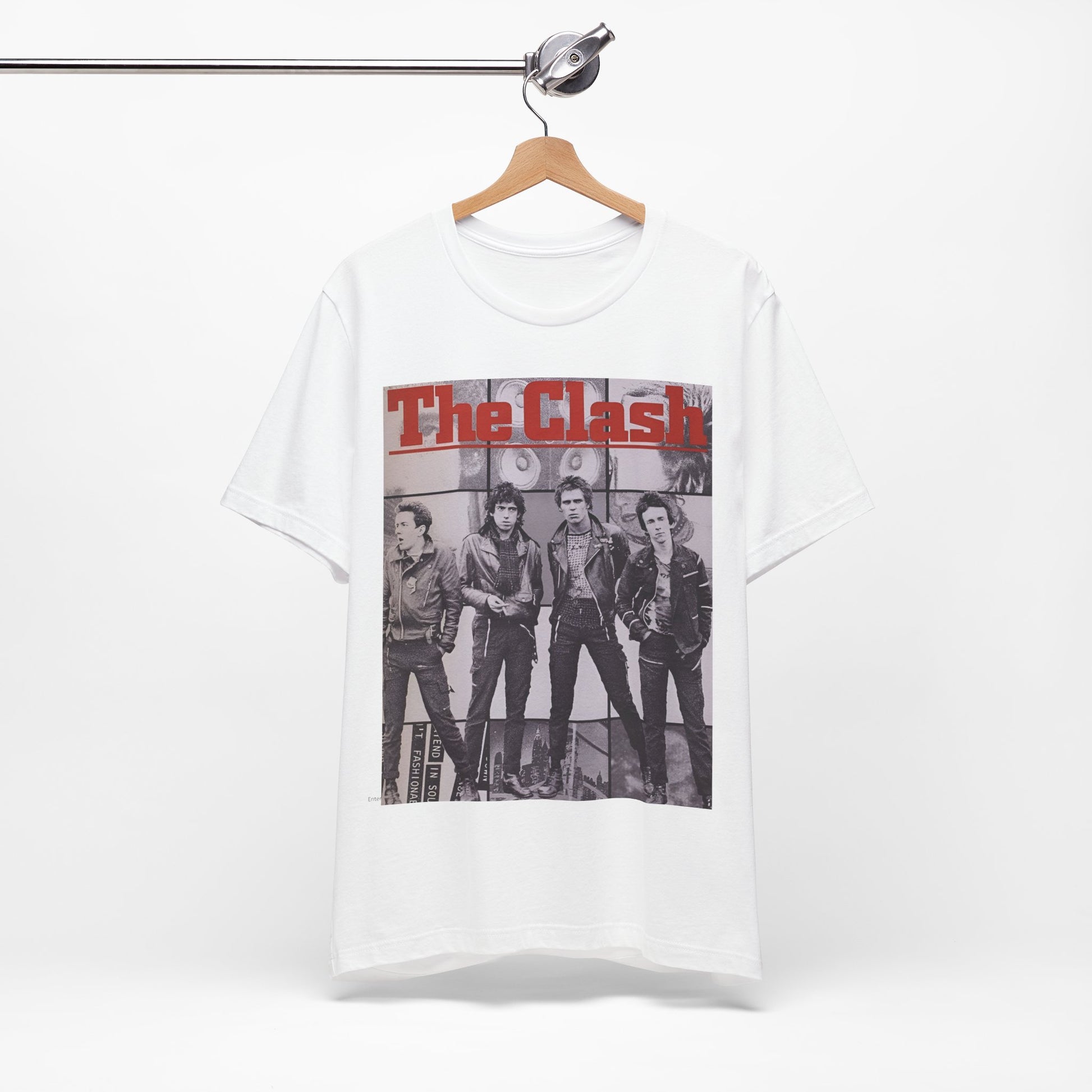 A black graphic t-shirt featuring a 70s retro punk superstar graphic of The Clash.