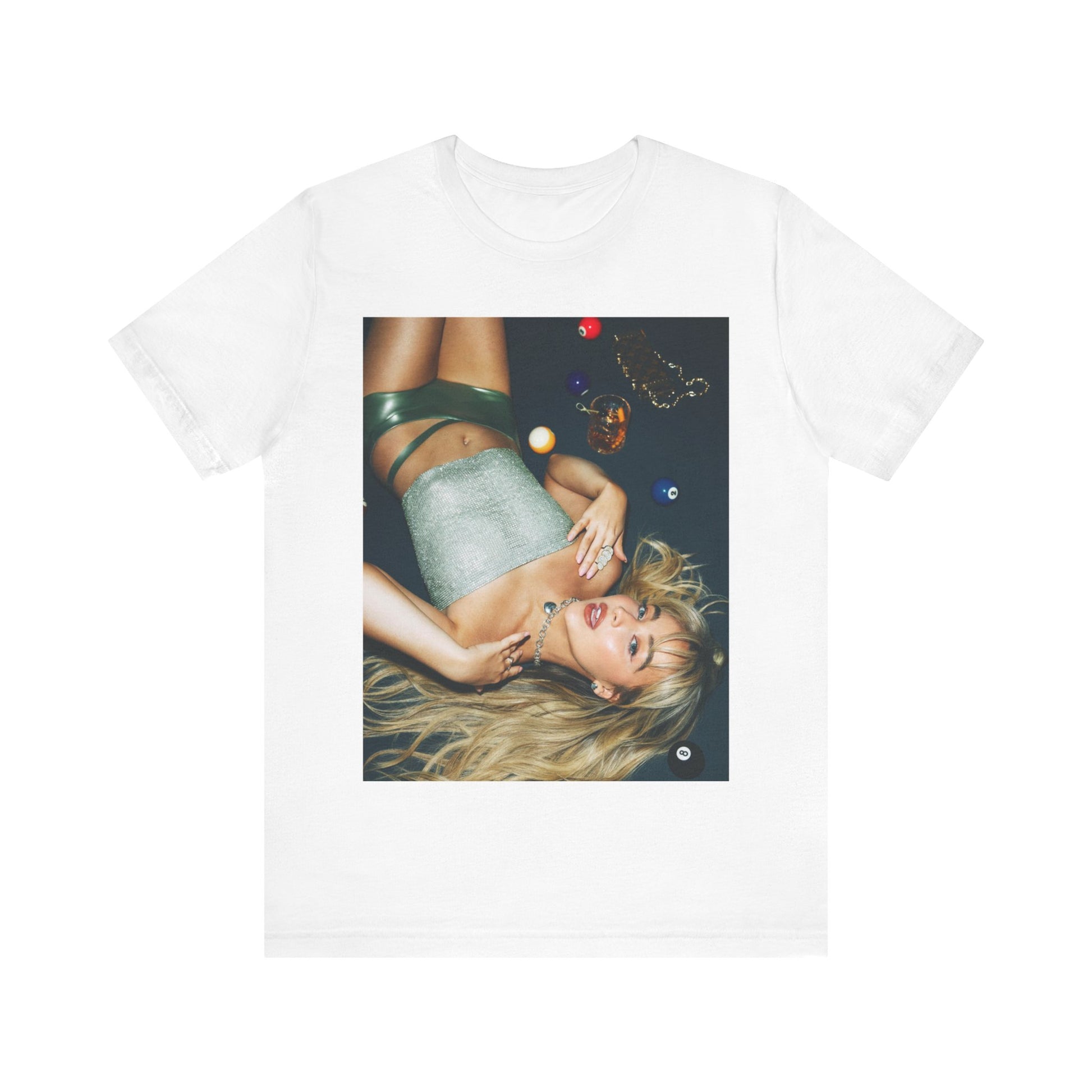 A black graphic t-shirt featuring a vintage pop icon graphic of Sabrina Carpenter.