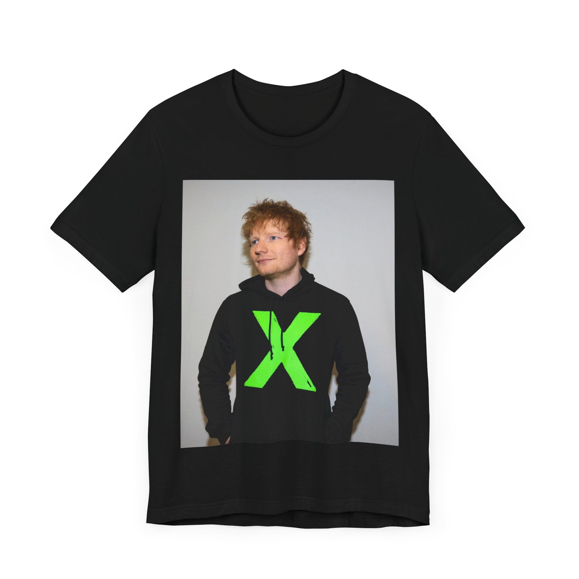 A black graphic t-shirt featuring an aesthetic graphic of Ed Sheeran related to his album 'X'.