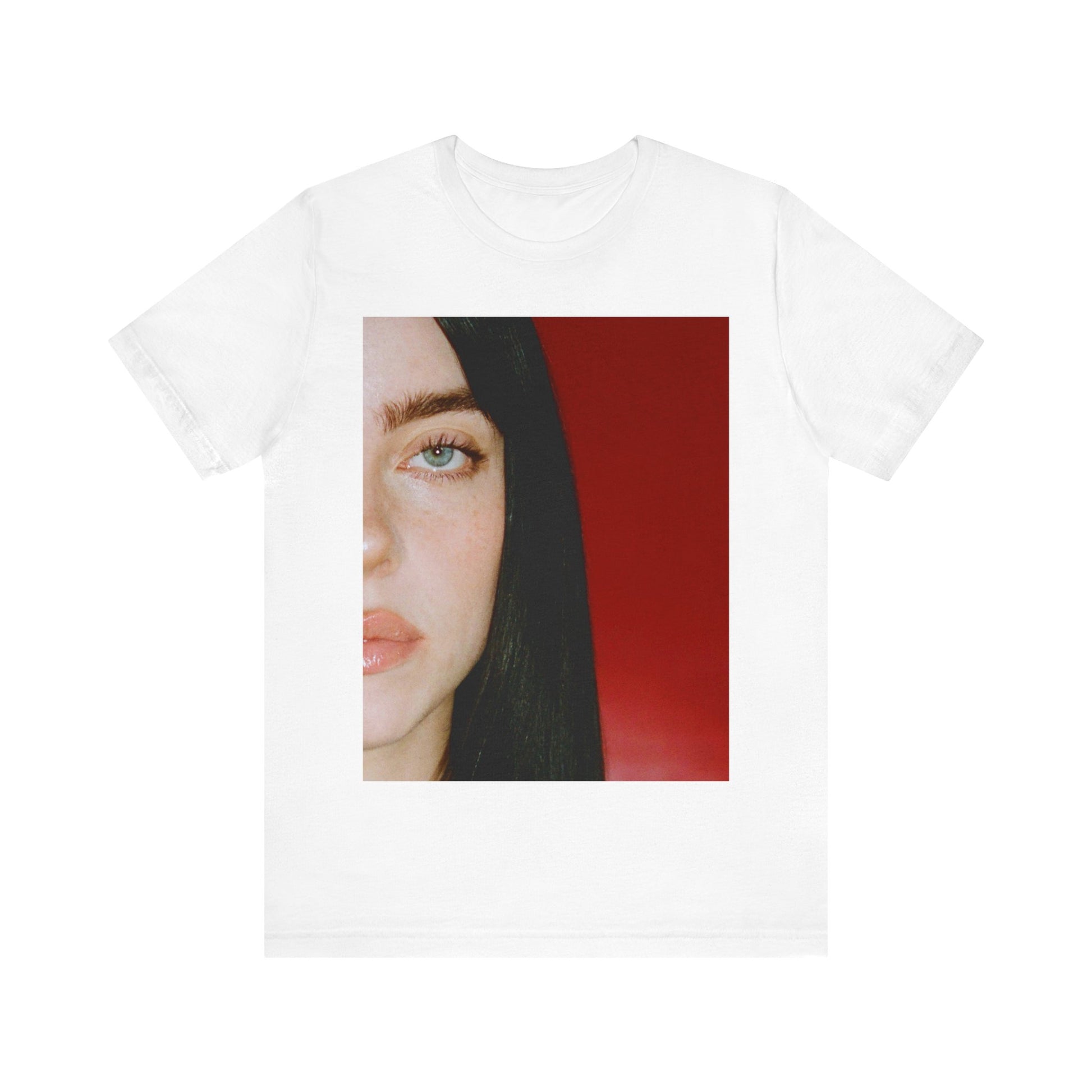 A classic, direct, black and white portrait of Billie Eilish, embodying a timeless aesthetic, printed on a graphic t-shirt.