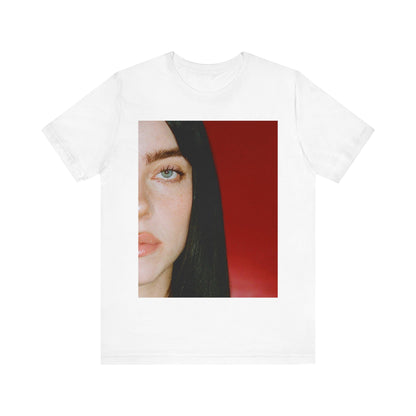 A classic, direct, black and white portrait of Billie Eilish, embodying a timeless aesthetic, printed on a graphic t-shirt.