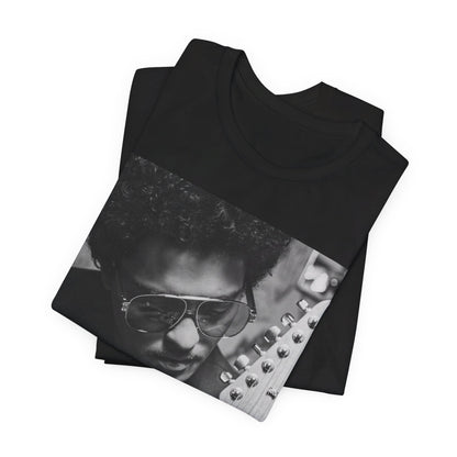A black graphic t-shirt featuring a graphic of Bruno Mars in a classic crooner style.