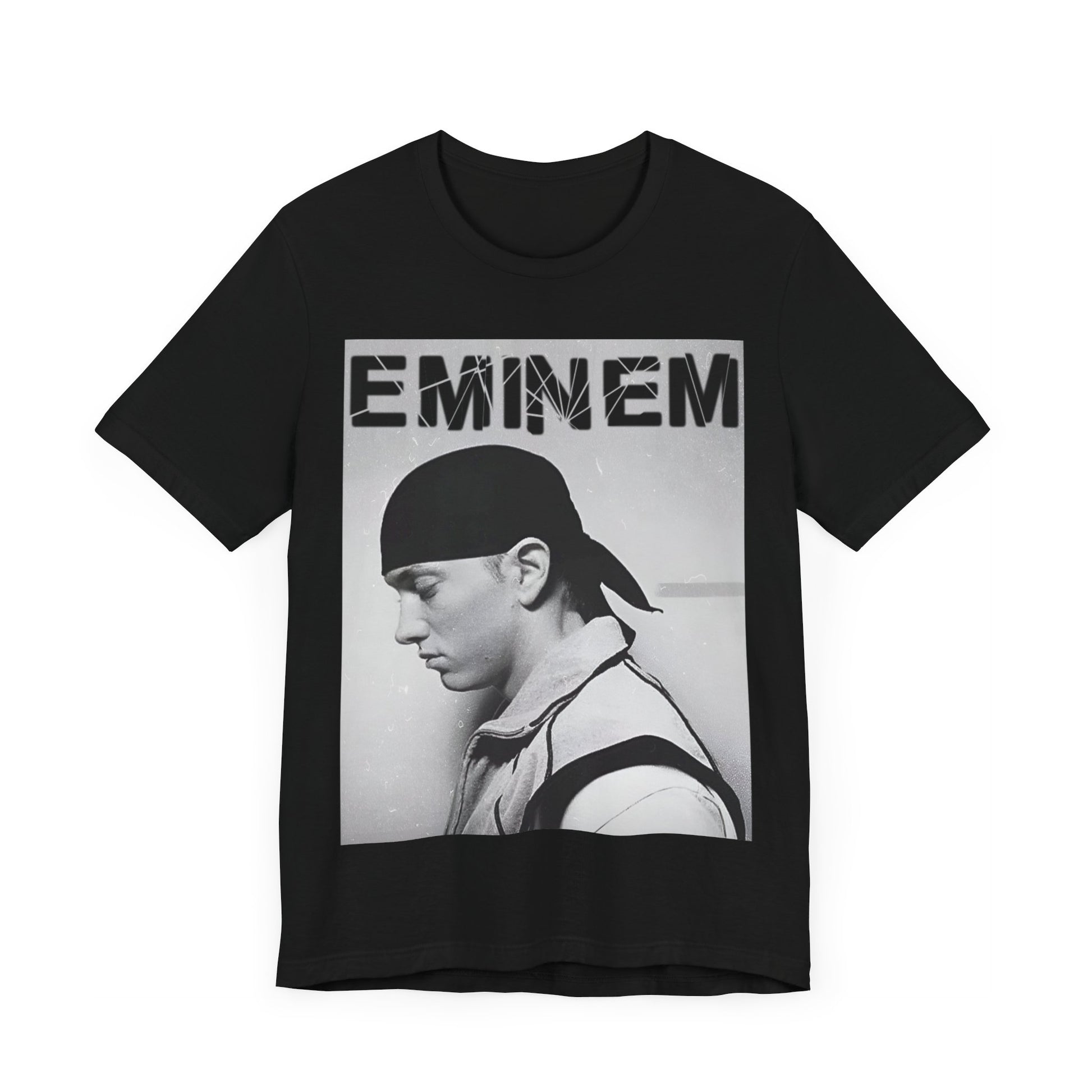 A black graphic t-shirt featuring a stylized graphic of Eminem as a modern rap legend.
