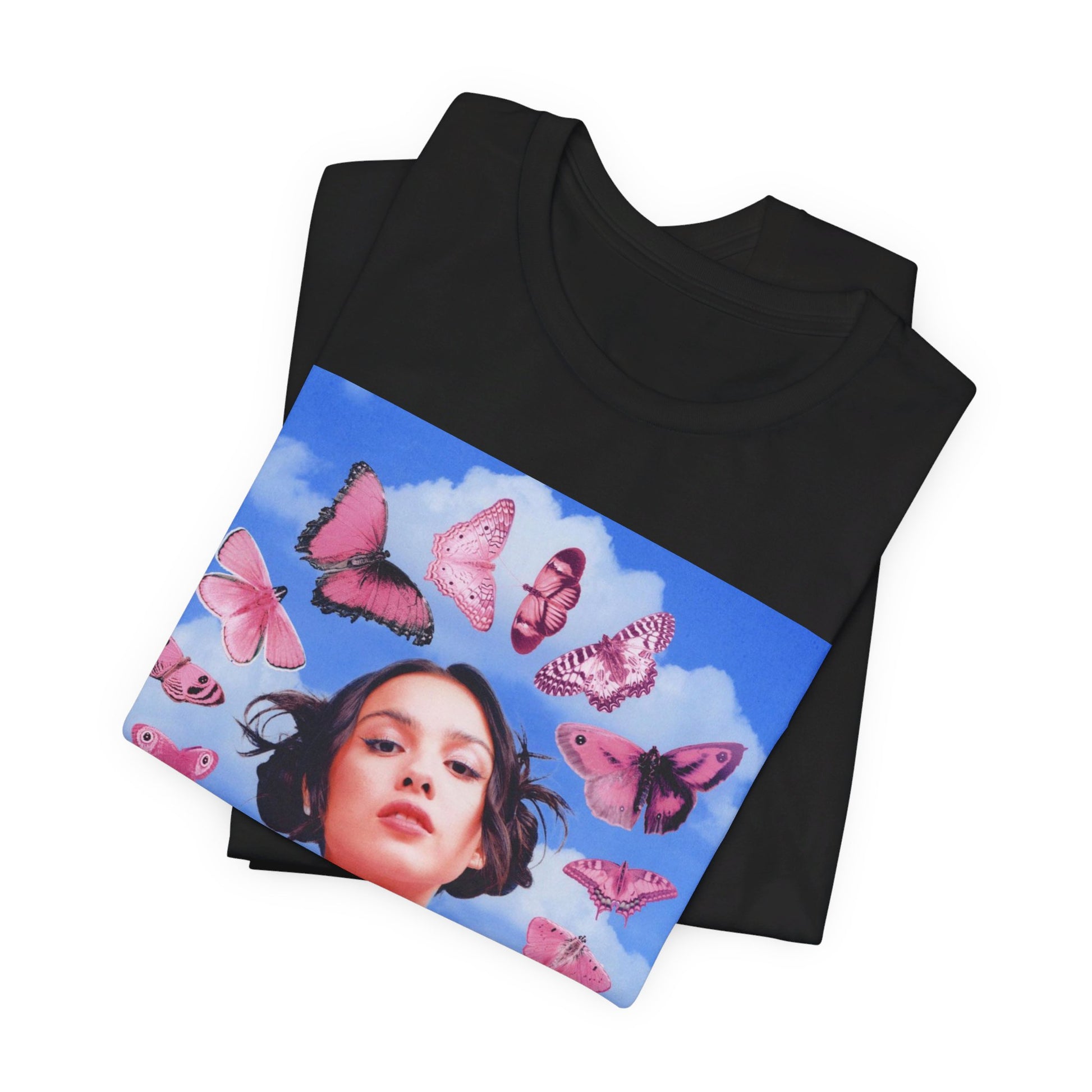 A black graphic t-shirt featuring a graphic related to Olivia Rodrigo's 'Drivers License' song or era.