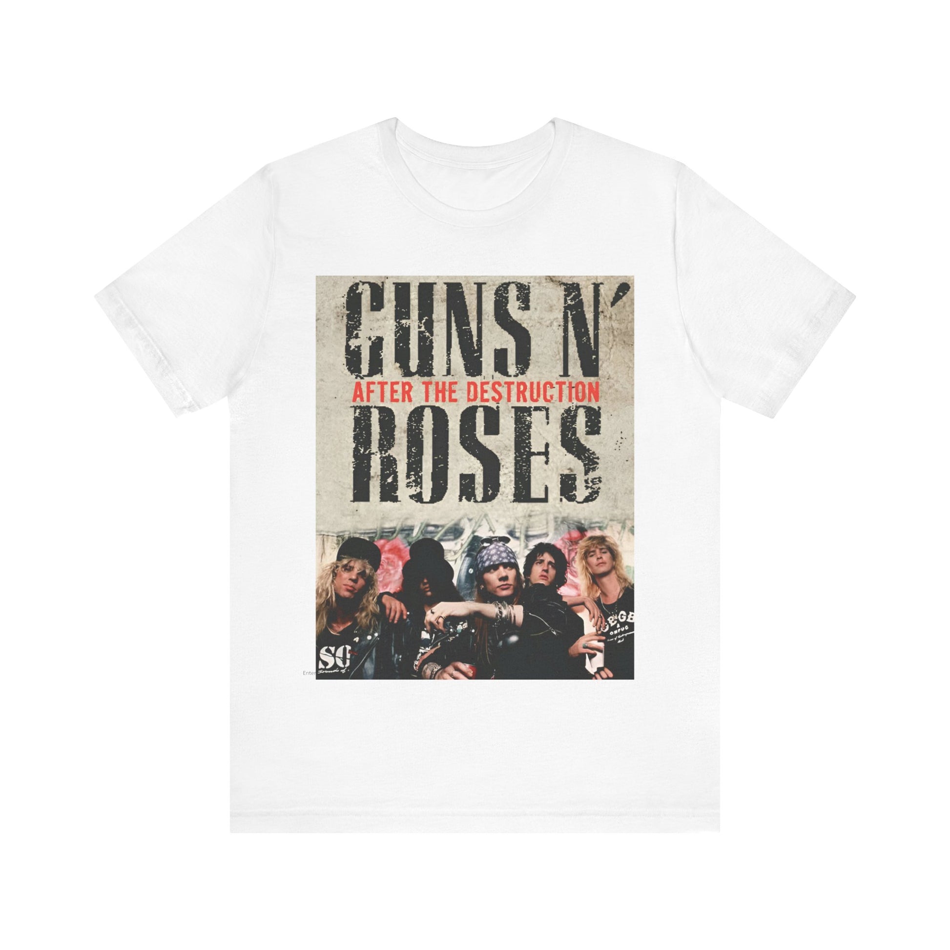 A black graphic t-shirt featuring a graphic related to Guns N' Roses, with a theme of 'after the destruction'.