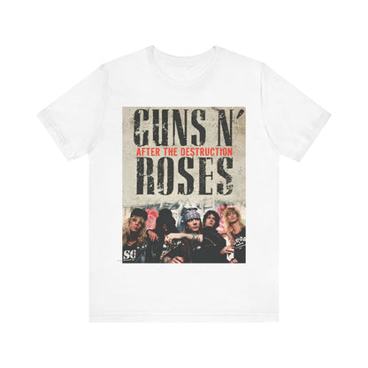 A black graphic t-shirt featuring a graphic related to Guns N' Roses, with a theme of 'after the destruction'.