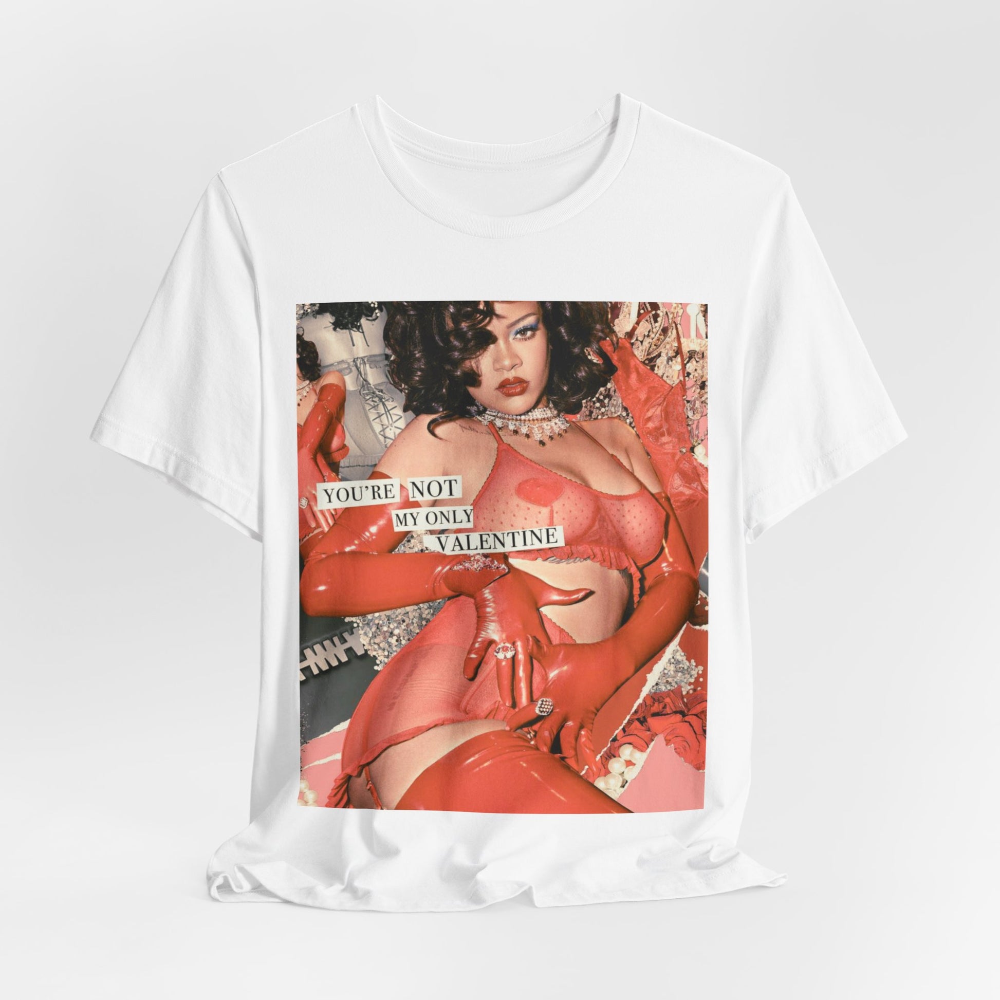 A black graphic t-shirt featuring a graphic of Rihanna with a 'hot valentine' theme.