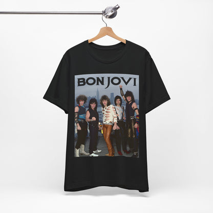 A black graphic t-shirt featuring a graphic related to Bon Jovi's 'Livin' on a Prayer' song or era from the 1980s.