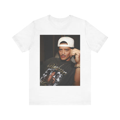 A black graphic t-shirt featuring a vintage aesthetic graphic of Bruno Mars.