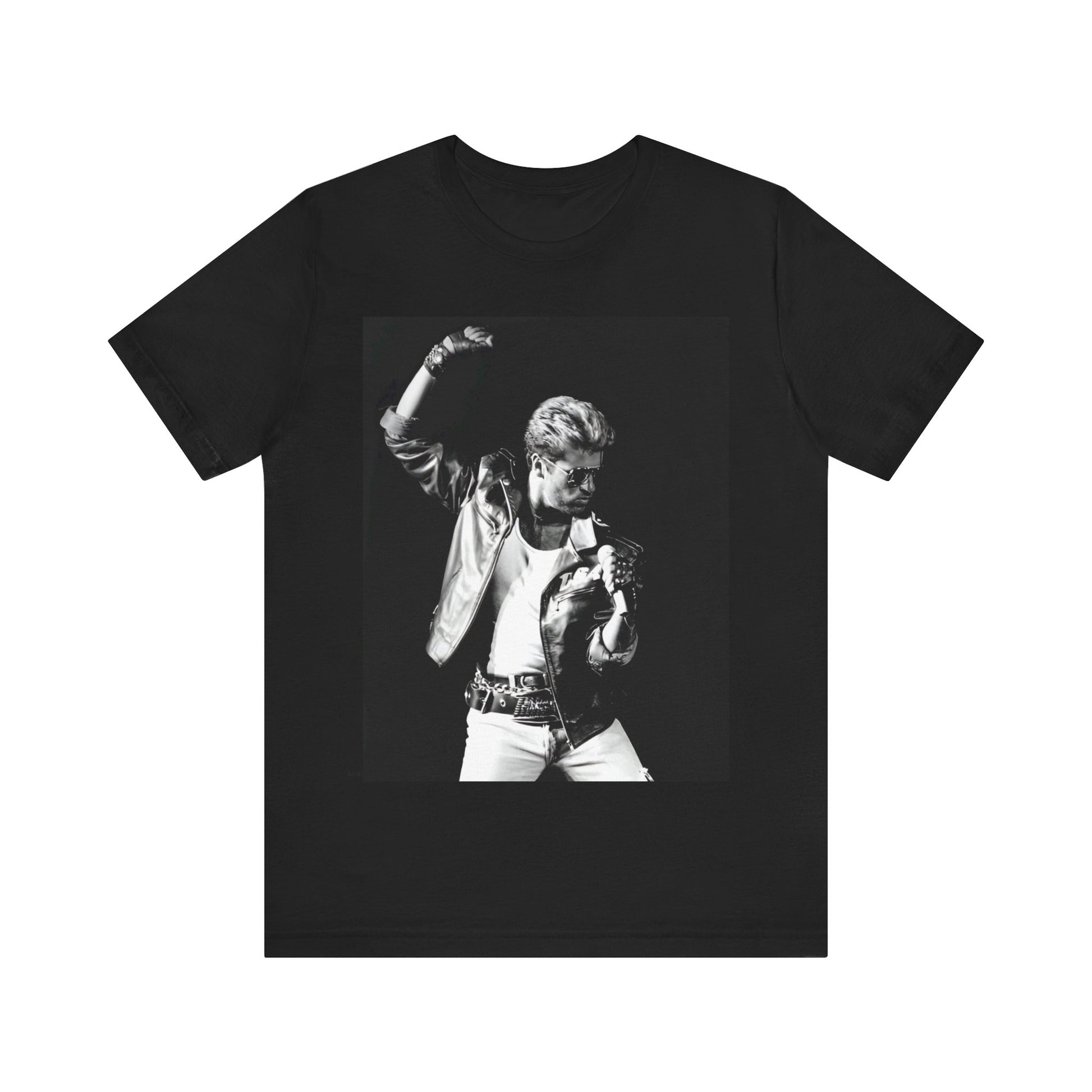 A black graphic t-shirt featuring an iconic black and white portrait photo of George Michael.