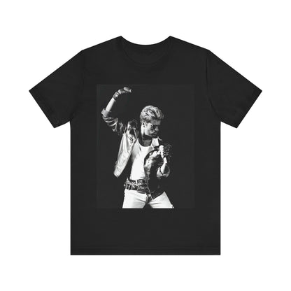 A black graphic t-shirt featuring an iconic black and white portrait photo of George Michael.