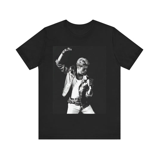 A black graphic t-shirt featuring an iconic black and white portrait photo of George Michael.