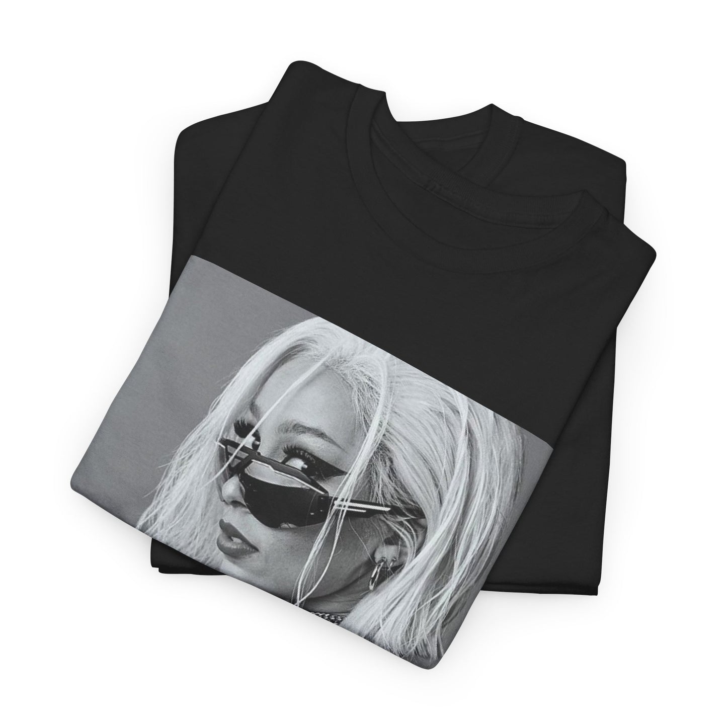 A black graphic t-shirt featuring a black and white portrait photo of Doja Cat.