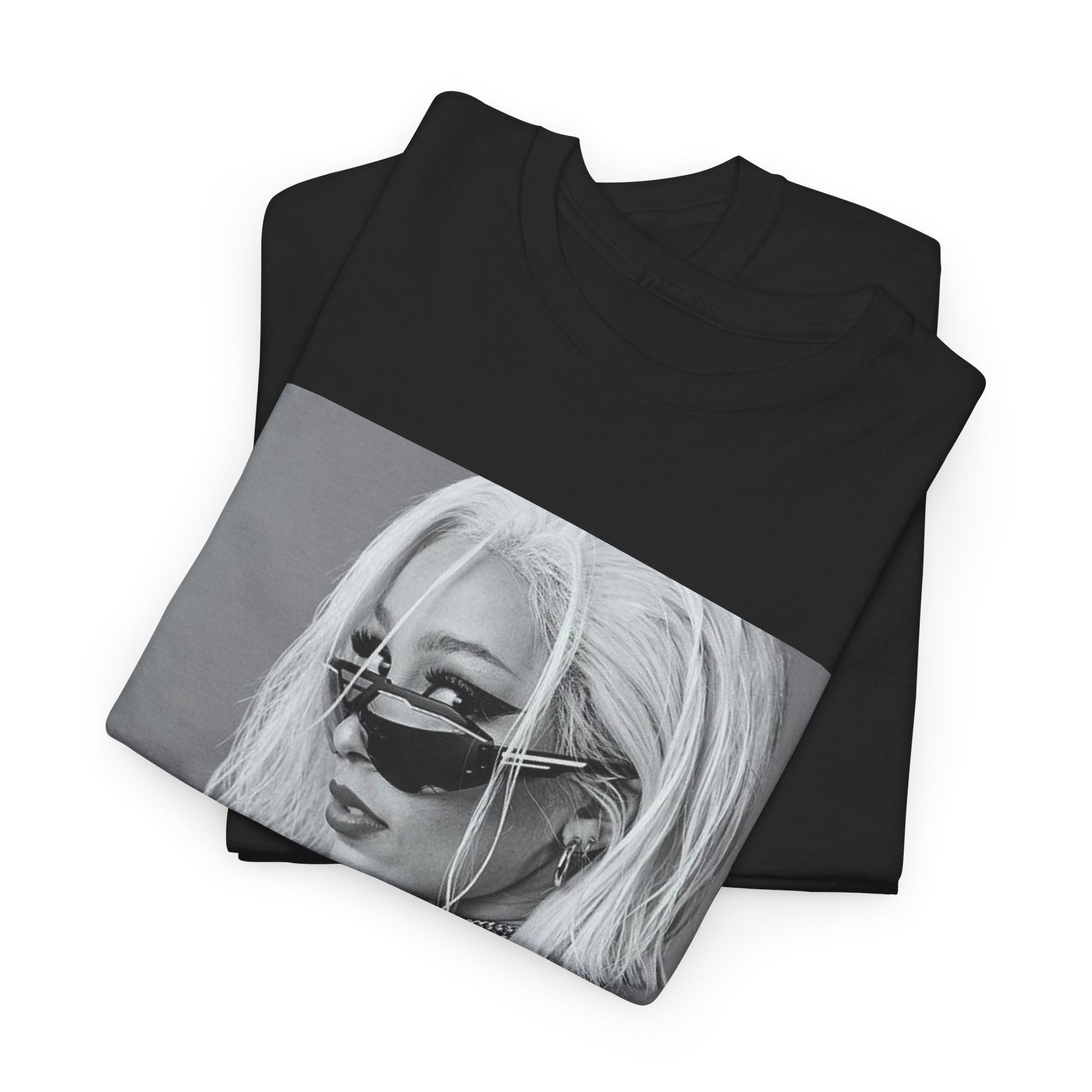 A black graphic t-shirt featuring a black and white portrait photo of Doja Cat.