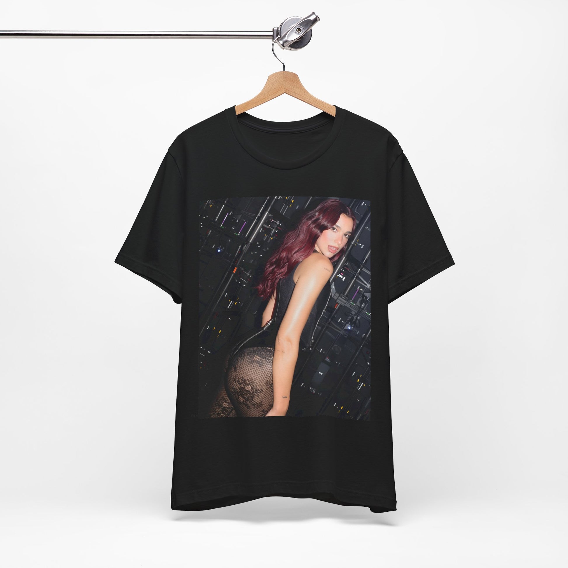 A black graphic t-shirt featuring a graphic related to Dua Lipa's "Houdini" new era.