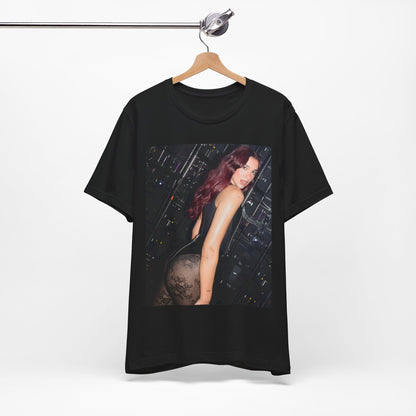 A black graphic t-shirt featuring a graphic related to Dua Lipa's "Houdini" new era.