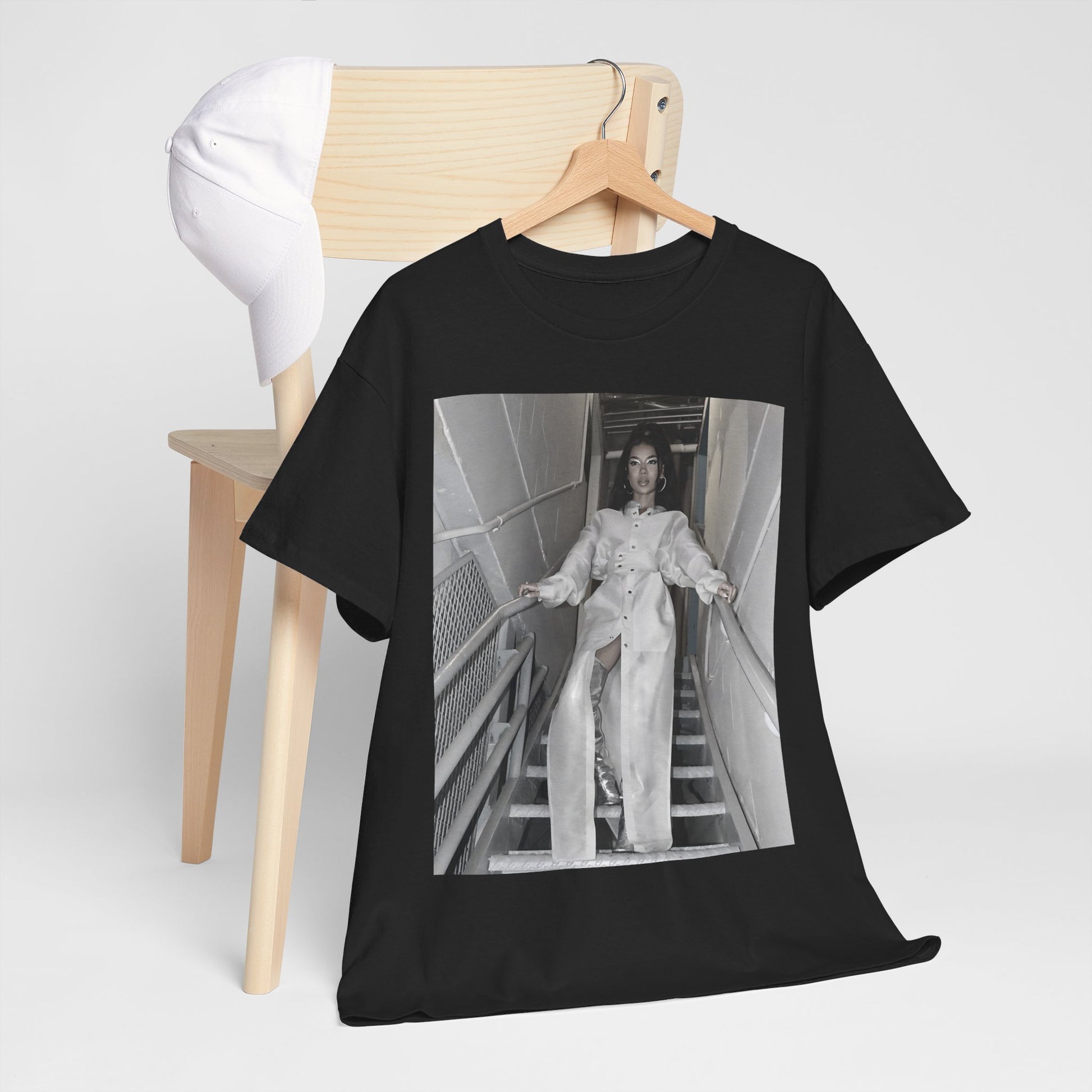 A black graphic t-shirt featuring a graphic or photo of Jhene Aiko in a backstage setting.