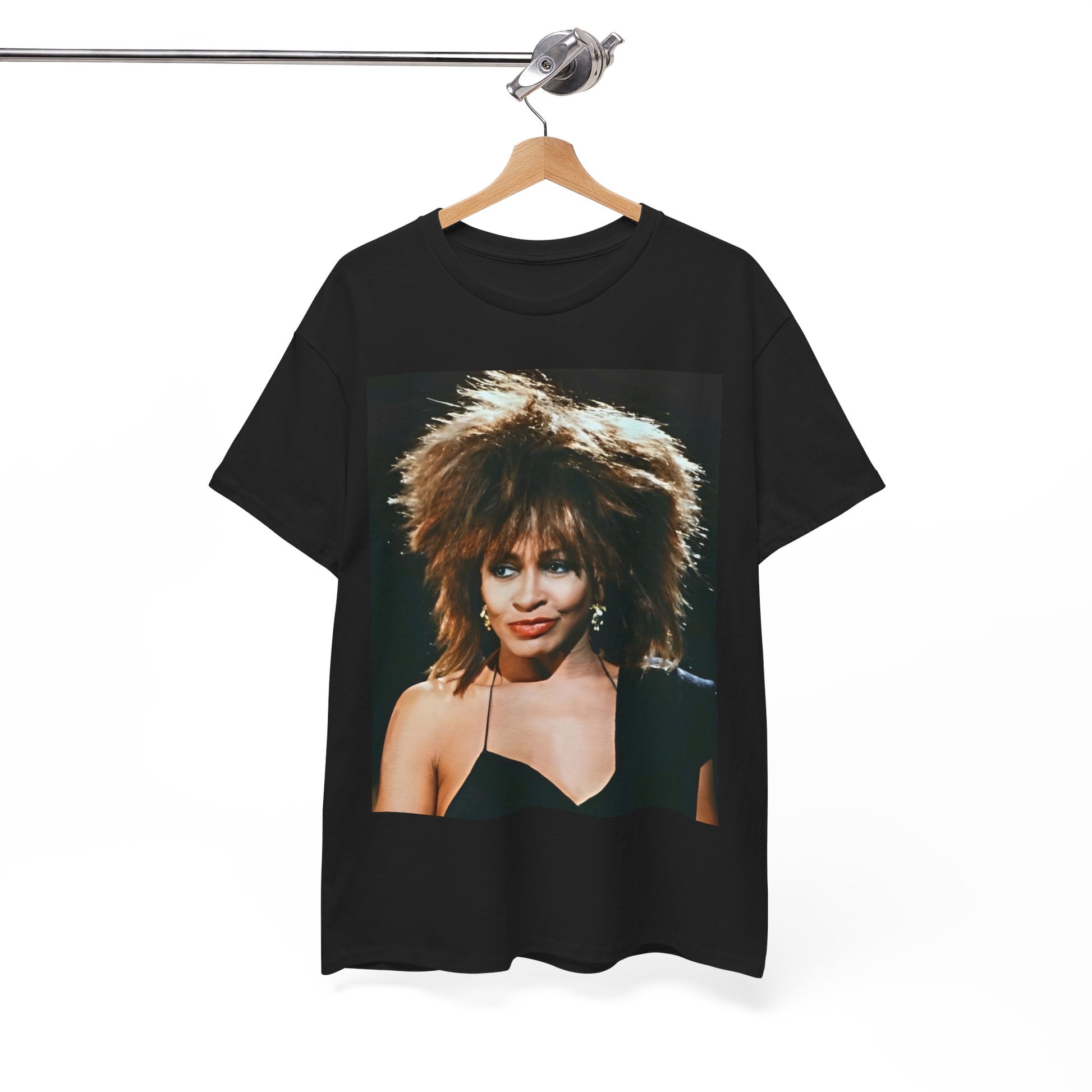 A black graphic t-shirt featuring a graphic of Tina Turner as the Queen of Rock & Roll.