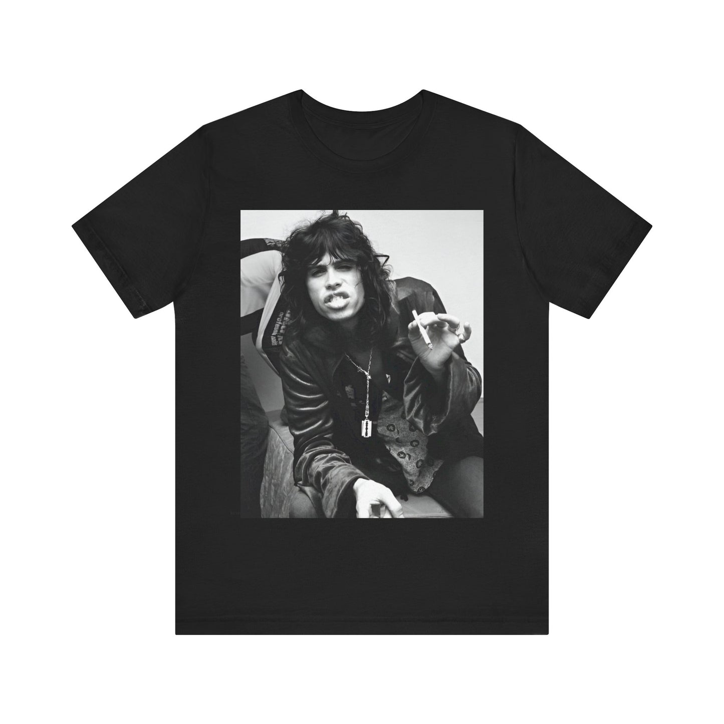 A black graphic t-shirt featuring a retro 70s photo of Aerosmith band members lounging in leather, exuding a cool, classic rock vibe.