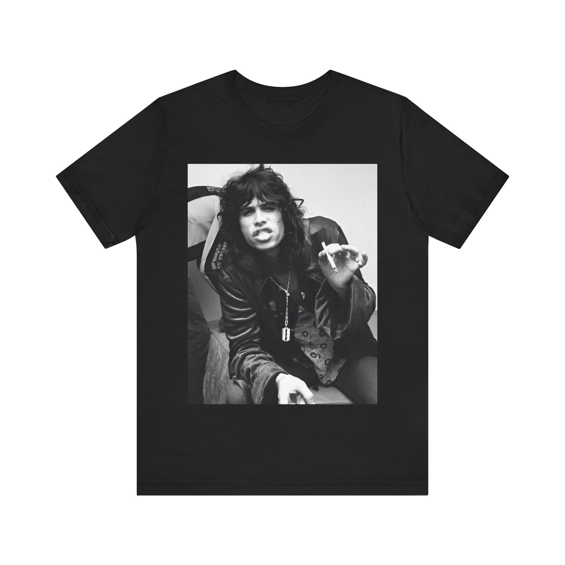 A black graphic t-shirt featuring a retro 70s photo of Aerosmith band members lounging in leather, exuding a cool, classic rock vibe.