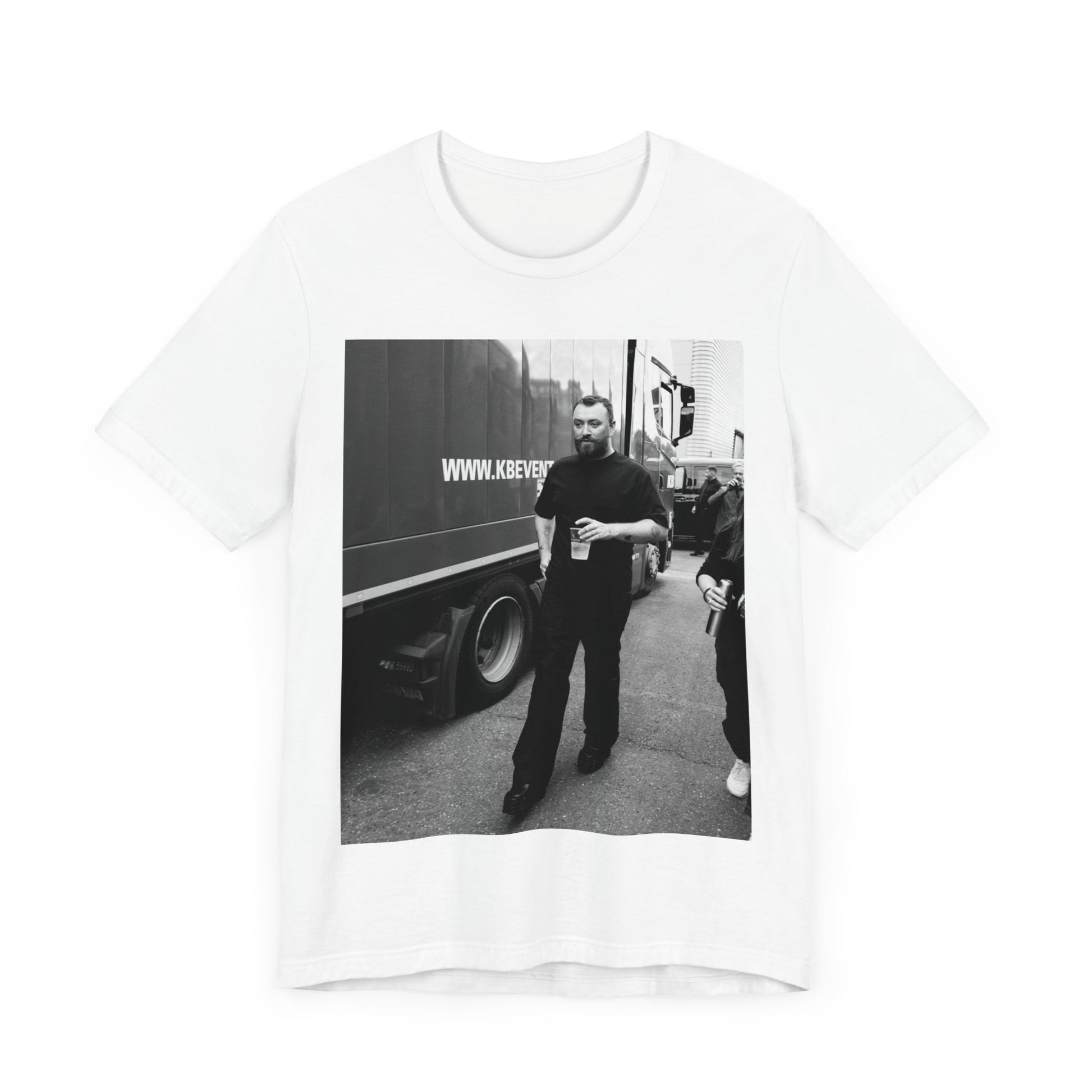 A black graphic t-shirt featuring a graphic or photo of Sam Smith in a backstage setting.