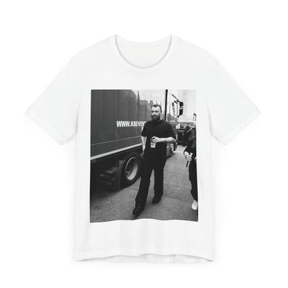 A black graphic t-shirt featuring a graphic or photo of Sam Smith in a backstage setting.