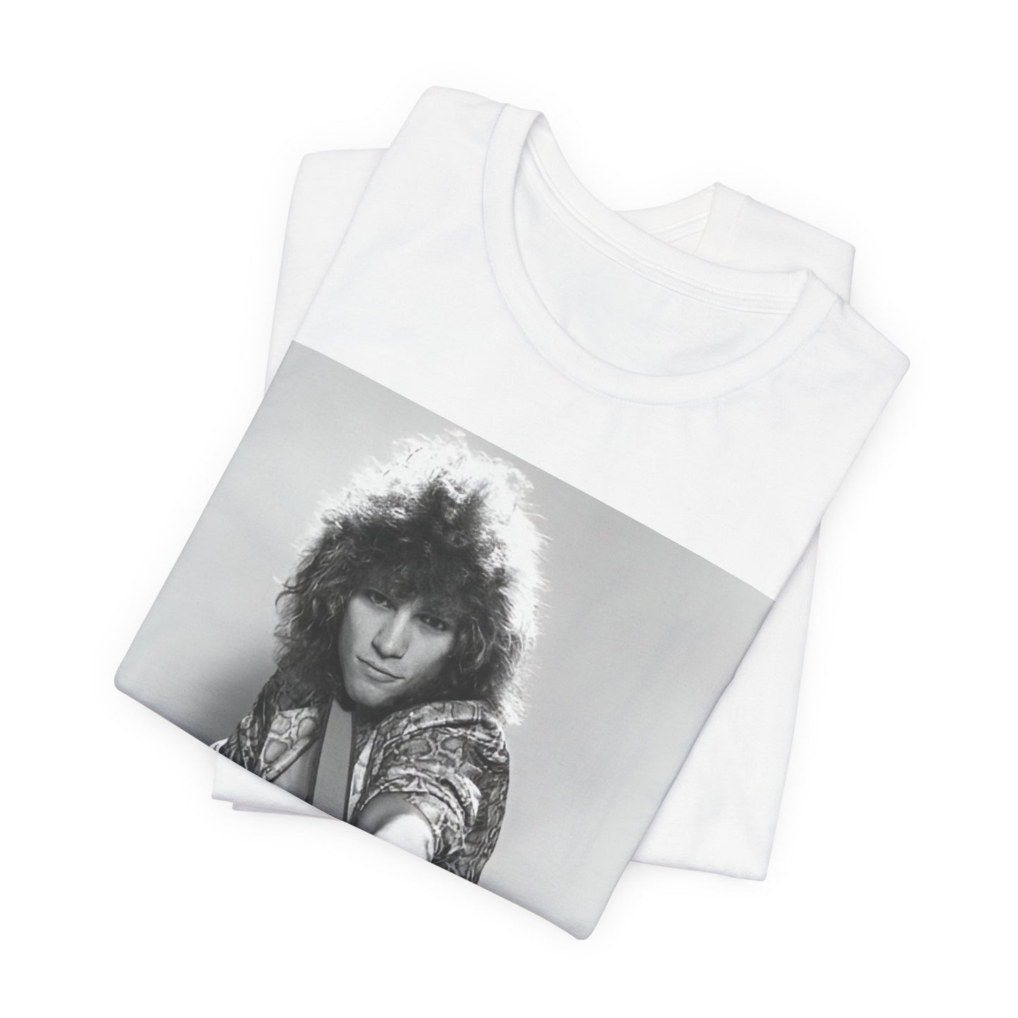 A black graphic t-shirt featuring a vintage 80s rock graphic of Bon Jovi.