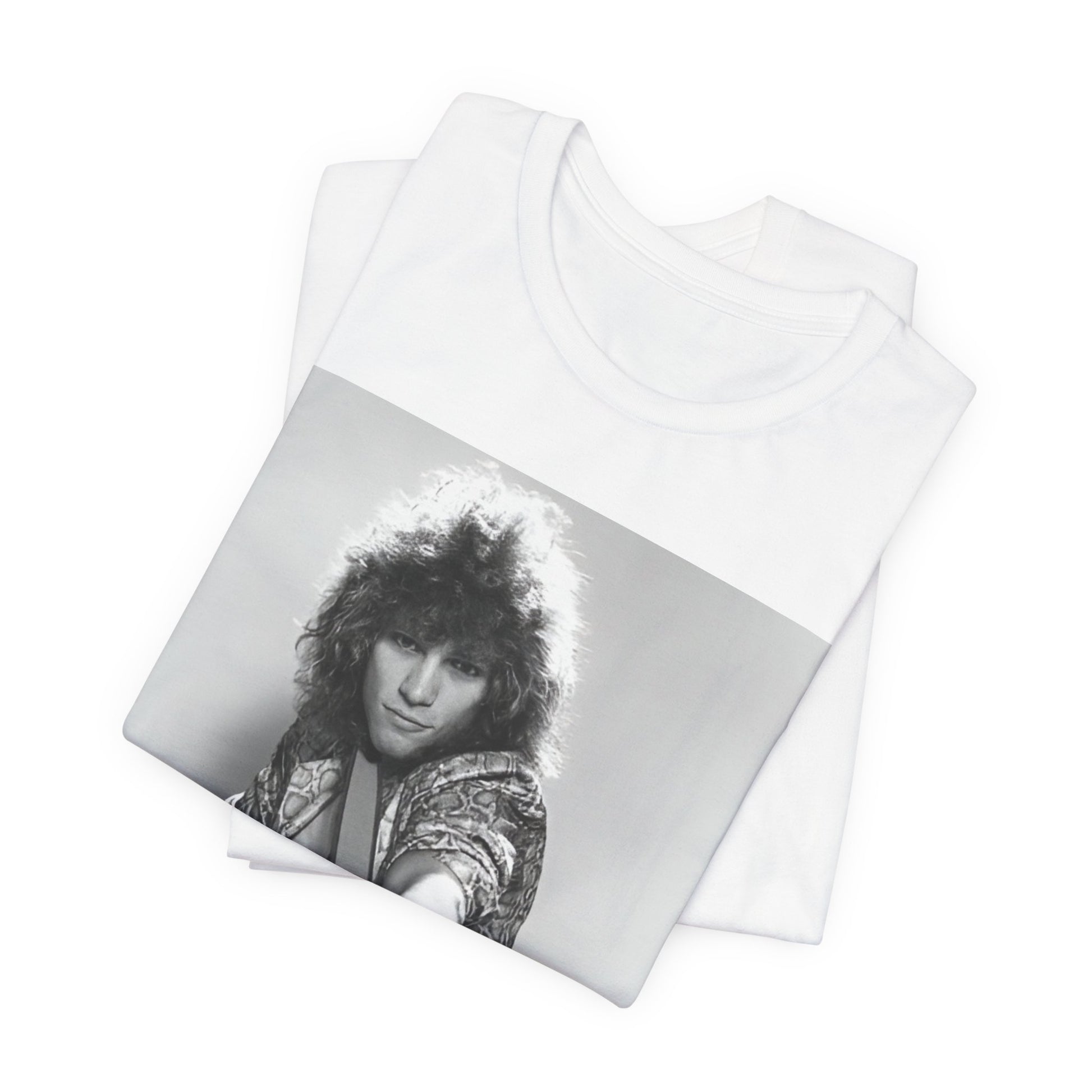 A black graphic t-shirt featuring a vintage 80s rock graphic of Bon Jovi.