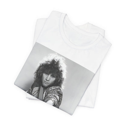 A black graphic t-shirt featuring a vintage 80s rock graphic of Bon Jovi.