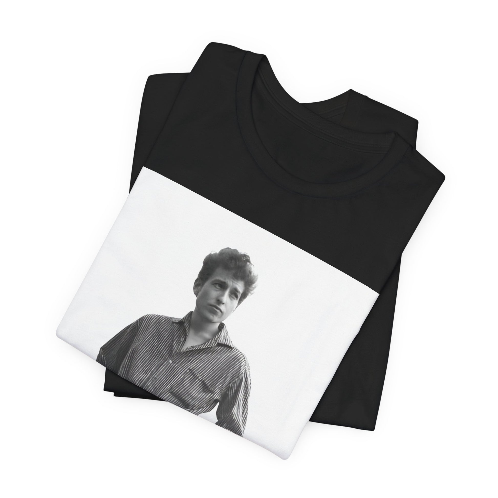 A black graphic t-shirt featuring a vintage 60s folk aesthetic graphic of Bob Dylan.